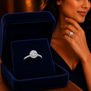 Premium White Moissanite Halo Engagement Ring for Women – 925 Sterling Silver
