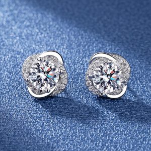 American Diamond 925 Silver Plated Four -Leaf Grass Earrings