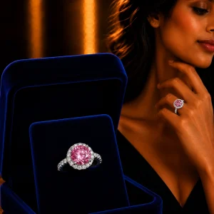 Premium 1 Carat Pink Moissanite Halo Engagement Ring for Women – 925 Sterling Silver